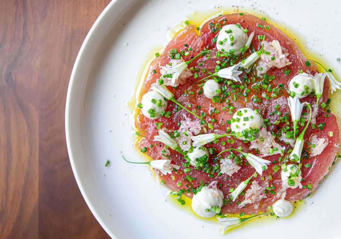 Raw Tuna seasoned with chives olive oil at Rick Stein at Bannisters, Port Stephens